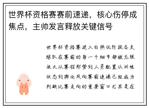 世界杯资格赛赛前速递，核心伤停成焦点，主帅发言释放关键信号